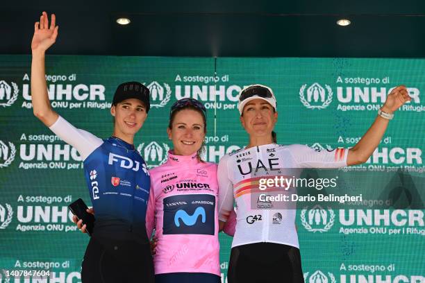 Marta Cavalli of Italy and Team FDJ Nouvelle - Aquitaine Futuroscope on second place, race winner Annemiek Van Vleuten of Netherlands and Movistar...