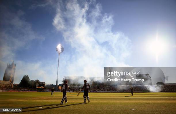 Will Smeed and Tom Banton of Somerset make their way out to bat during the Vitality T20 Blast Quarter Final match between Somerset and Derbyshire...