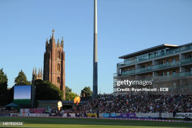 General view as Spectators celebrate after Somerset hit a six during the Vitality T20 Blast Quarter Final between Somerset and Derbyshire Falcons at...