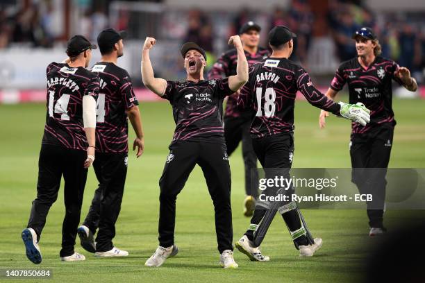 Tom Abell of Somerset celebrates their side's win after the Vitality T20 Blast Quarter Final between Somerset and Derbyshire Falcons at The Cooper...