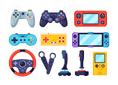 Gaming Joysticks And Gamepads For Entertainment And Video Games. Steering Wheel, Gaming Electronic Console, Gadgets