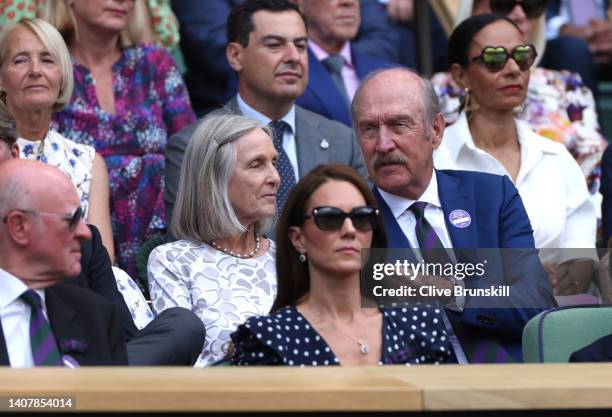 Stan Smith and Marjory Gengler are seen in the Royal Box watching Novak Djokovic of Serbia play Nick Kyrgios of Australia during their Men's Singles...