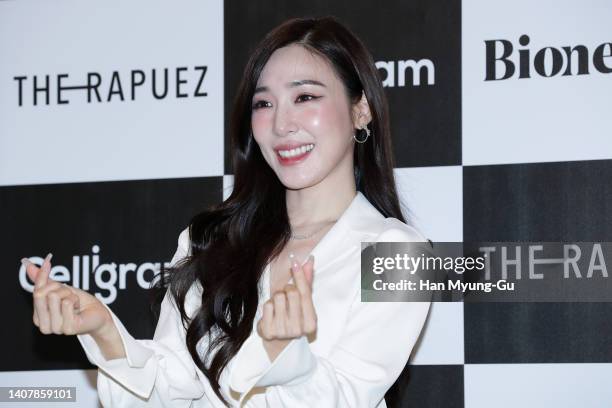 Tiffany of South Korean girl group Girls' Generation attends the photocall for CELLIVERY 'Celly Lounge' flagship store open on July 08, 2022 in...