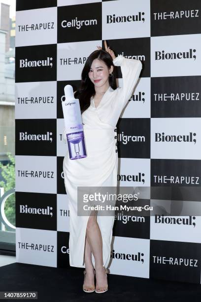 Tiffany of South Korean girl group Girls' Generation attends the photocall for CELLIVERY 'Celly Lounge' flagship store open on July 08, 2022 in...