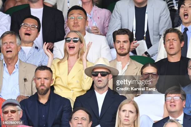 Charles Delevingne, Poppy Delevingne, Andrew Garfield and Vito Schnabel attend The Wimbledon Men's Singles Final at the All England Lawn Tennis and...