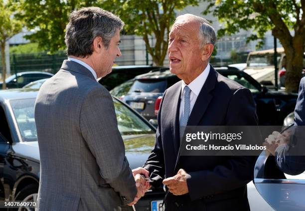 The Minister for the Internal Administration José Luís Carneiro greets Portuguese President Marcelo Rebelo de Sousa as he arrives to attend the...