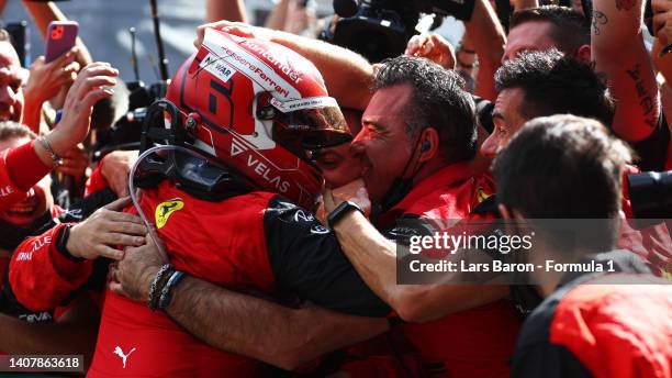 Race winner Charles Leclerc of Monaco and Ferrari celebrates in parc ferme during the F1 Grand Prix of Austria at Red Bull Ring on July 10, 2022 in...