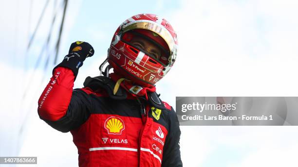 Race winner Charles Leclerc of Monaco and Ferrari celebrates in parc ferme during the F1 Grand Prix of Austria at Red Bull Ring on July 10, 2022 in...