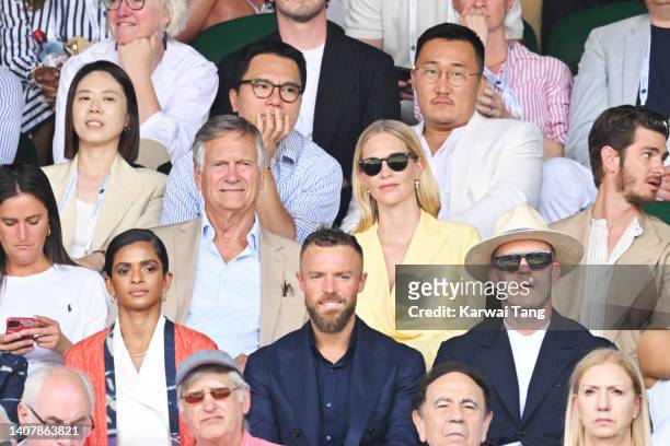 Charles Delevingne, Poppy Delevingne, Andrew Garfield, Ramla Ali, Richard Moore and Jason Statham attend The Wimbledon Men's Singles Final at the All...