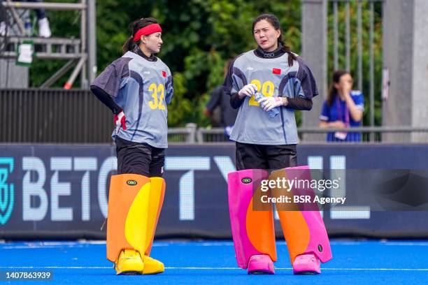 Goalkeeper Xinhuan Li of China, Goalkeeper Ping Liu of China during the FIH Hockey Women's World Cup 2022 match between China and Chile at the...