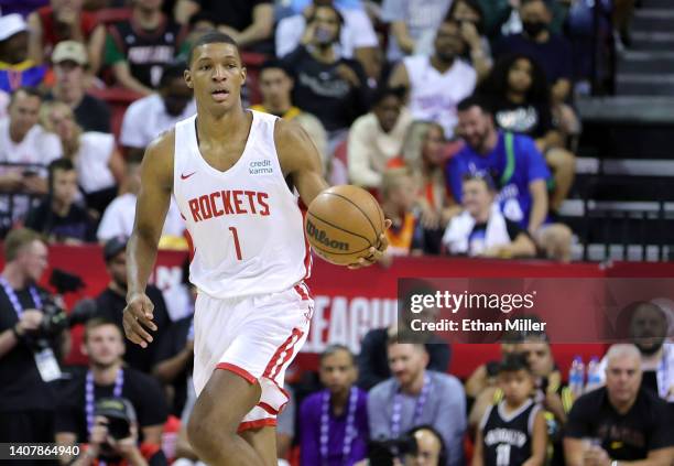 Jabari Smith Jr. #1 of the Houston Rockets brings the ball up the court against the Oklahoma City Thunder during the 2022 NBA Summer League at the...