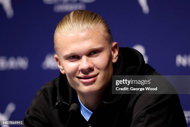 Erling Haaland of Manchester City speaks to the media during a Press Conference at the Manchester City Summer Signing Presentation Event at Etihad...