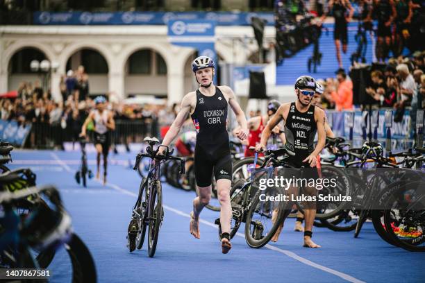 Samuel Dickinson of Great Britain performs in the bike leg of ITU World Triathlon Elite Mixed Team Relay during the Hamburg Wasser World Triathlon on...