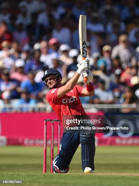 Liam Livingstone of England hits a six during the third Vitality IT20 between England and India at Trent Bridge on July 10, 2022 in Nottingham,...