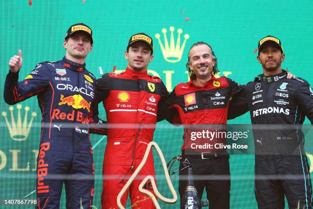 Race winner Charles Leclerc of Monaco and Ferrari, Second placed Max Verstappen of the Netherlands and Oracle Red Bull Racing, Third placed Lewis...