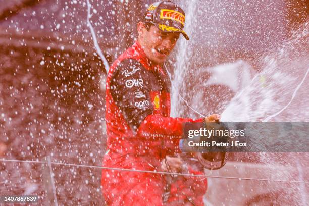 Charles Leclerc of Ferrari and Monaco celebrates finishing in first position during the F1 Grand Prix of Austria at Red Bull Ring on July 10, 2022 in...