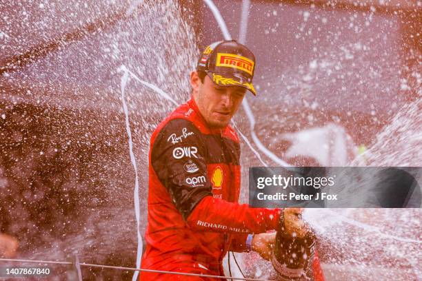Charles Leclerc of Ferrari and Monaco celebrates finishing in first position during the F1 Grand Prix of Austria at Red Bull Ring on July 10, 2022 in...