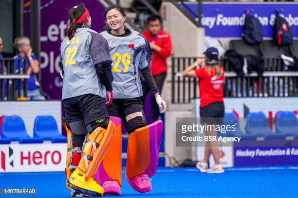 Goalkeeper Xinhuan Li of China, Goalkeeper Ping Liu of China during the FIH Hockey Women's World Cup 2022 match between China and Chile at the...