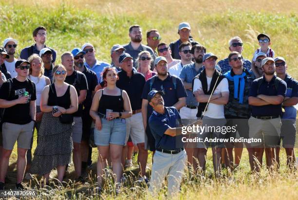 Ryan Palmer of the United States plays his third shot on the fourth floor during Day Four of the Genesis Scottish Open at The Renaissance Club on...