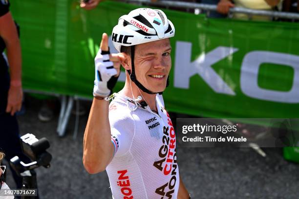 Bob Jungels of Luxembourg and AG2R Citröen Team celebrates winning during the 109th Tour de France 2022, Stage 9 a 192,9km stage from Aigle to Châtel...