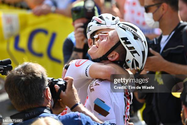 Bob Jungels of Luxembourg and AG2R Citröen Team celebrates winning during the 109th Tour de France 2022, Stage 9 a 192,9km stage from Aigle to Châtel...