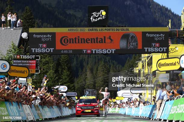 Bob Jungels of Luxembourg and AG2R Citröen Team celebrates winning during the 109th Tour de France 2022, Stage 9 a 192,9km stage from Aigle to Châtel...