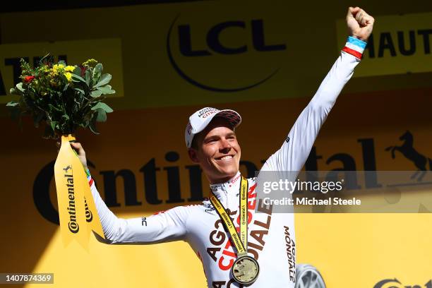 Bob Jungels of Luxembourg and AG2R Citröen Team celebrates winning stage on the podium ceremony after the 109th Tour de France 2022, Stage 9 a...