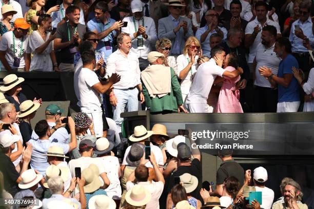 Novak Djokovic of Serbia celebrates with his wife Jelena Djokovic in the stands against Nick Kyrgios of Australia during their Men's Singles Final...