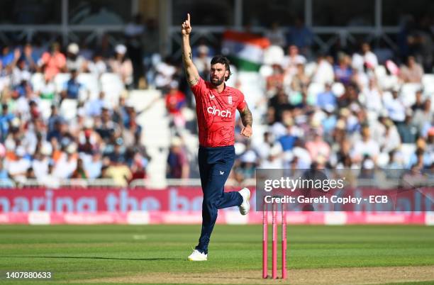 Reece Topley of England celebrates the wicket of Shreyas Iyer of India during the 3rd Vitality IT20 match between England and India at Trent Bridge...