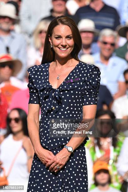 Catherine, Duchess of Cambridge attends The Wimbledon Men's Singles Final at the All England Lawn Tennis and Croquet Club on July 10, 2022 in London,...
