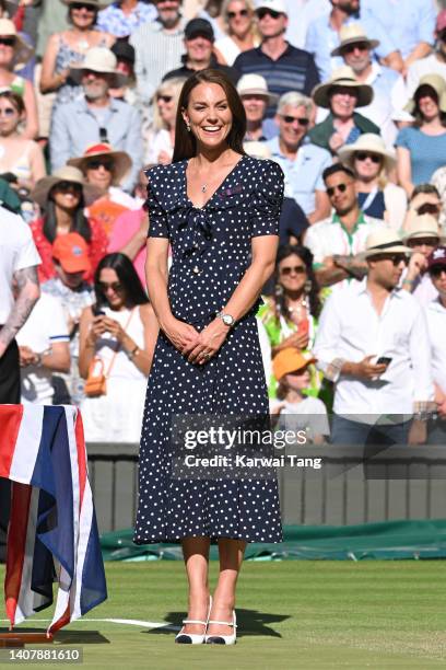 Catherine, Duchess of Cambridge attends The Wimbledon Men's Singles Final at the All England Lawn Tennis and Croquet Club on July 10, 2022 in London,...