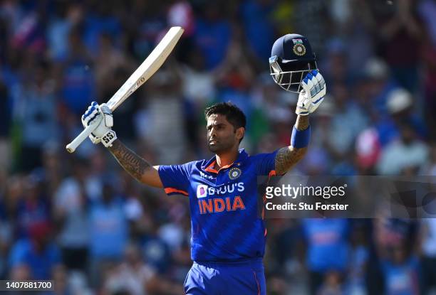 Suryakumar Yadav of India celebrates reaching their century during the 3rd Vitality IT20 match between England and India at Trent Bridge on July 10,...