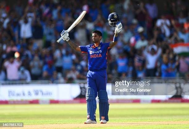 Suryakumar Yadav of India celebrates reaching their century during the 3rd Vitality IT20 match between England and India at Trent Bridge on July 10,...