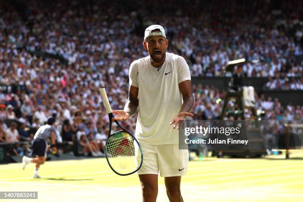 Nick Kyrgios of Australia reacts against Novak Djokovic of Serbia during their Men's Singles Final match on day fourteen of The Championships...