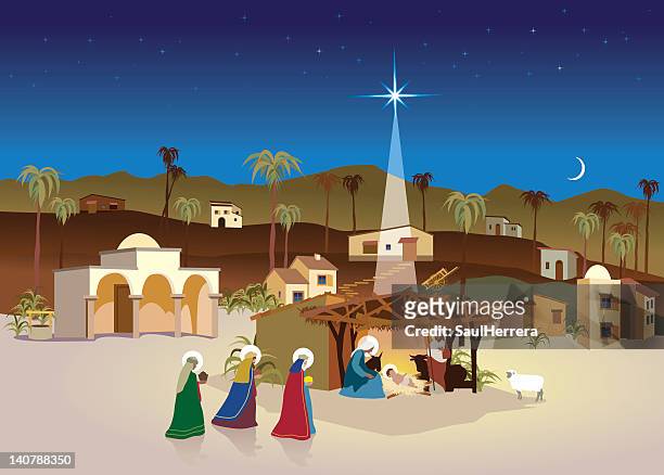 nativity village-weihnachten-szene und magi - bethlehem stock-grafiken, -clipart, -cartoons und -symbole
