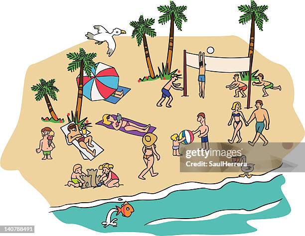 amusing beach scene with people playing in the sand - woman volleyball stock illustrations
