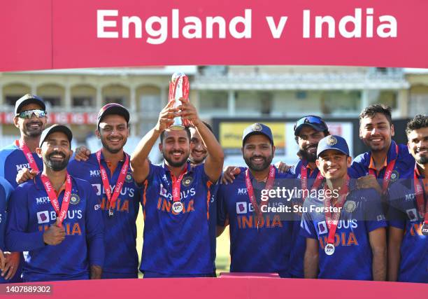 India players celebrate the series win with the trophy after the third Vitality T20 match between England and India at Trent Bridge on July 10, 2022...