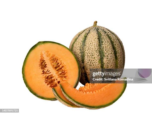 cantaloupe melon isolated on white. whole,  halved and slices. - gladde meloen stockfoto's en -beelden