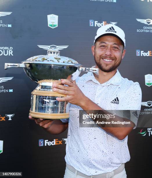 Xander Schauffele of United States poses with the Genesis Scottish Open Trophy after victory on Day Four of the Genesis Scottish Open at The...