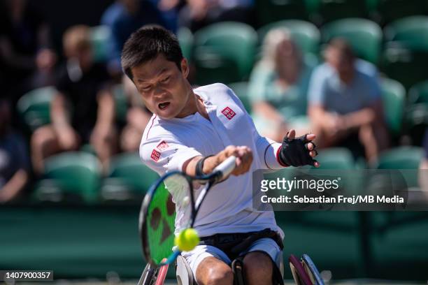 Shingo Kunieda of Japan plays against Alfie Hewett of Great Britain during Gentlemen's wheelchair singles - Final match during day fourteen of The...