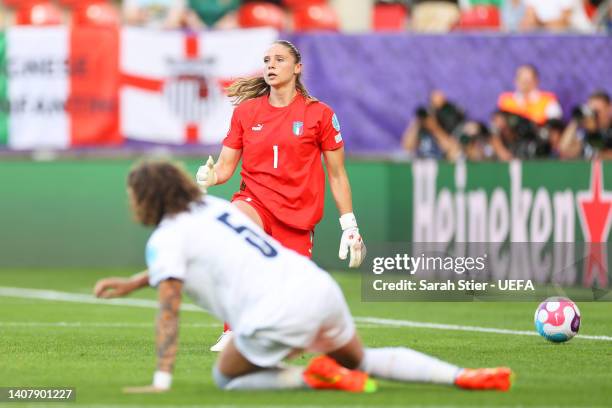 Laura Giuliani of Italy reacts after France scored their sides first goal during the UEFA Women's Euro 2022 group D match between France and Italy at...