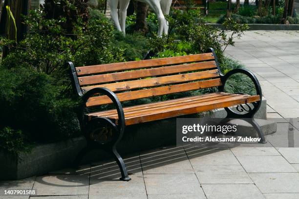 a bench in a public park, on a spring or summer day. a wooden bench for relaxing, planted with trees. - banco del parque fotografías e imágenes de stock