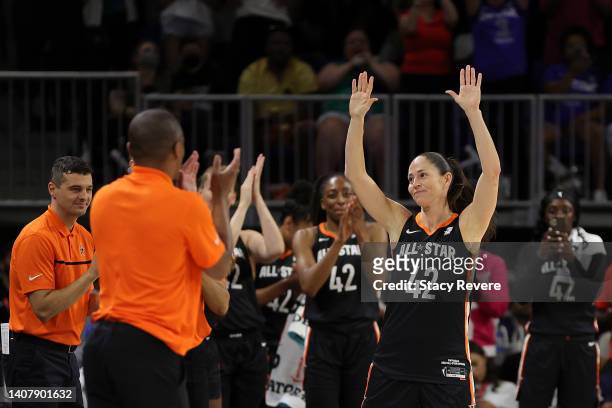 Sue Bird of Team Stewart waves to the crowd after coming out of the 2022 AT&T WNBA All-Star Game in the fourth quarter at the Wintrust Arena on July...