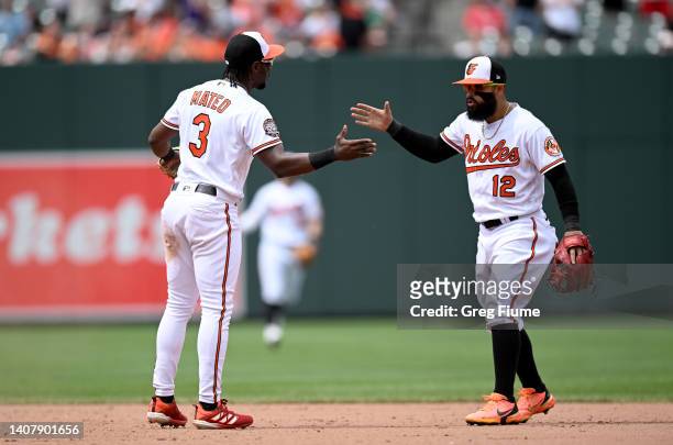 Jorge Mateo and Rougned Odor of the Baltimore Orioles celebrate after a 9-5 victory against the Los Angeles Angels at Oriole Park at Camden Yards on...
