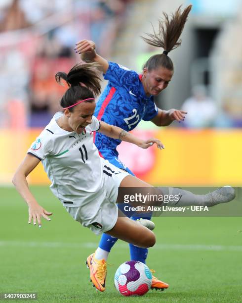Barbara Bonansea of Italy is challenged by Eve Perisset of France during the UEFA Women's Euro 2022 group D match between France and Italy at The New...