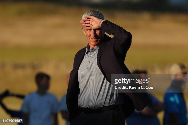 Tour Commissioner Jay Monahan looks on on the 18th green during Day Four of the Genesis Scottish Open at The Renaissance Club on July 10, 2022 in...