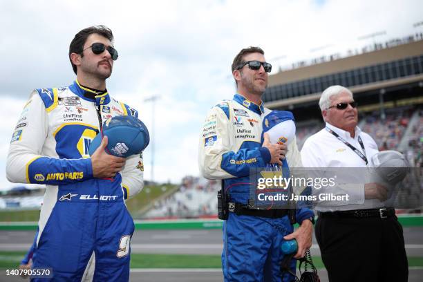 Chase Elliott, driver of the NAPA Auto Parts Chevrolet, crew chief Alan Gustafson and NASCAR Hall of Famer and team owner Rick Hendrick stand during...