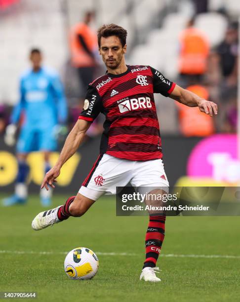 Rodrigo Caio of Flamengo controls the ball during a match between Corinthians and Flamengo as part of Brasileirao Series A 2022 at Neo Quimica Arena...