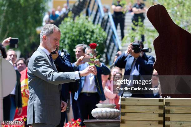 King Felipe VI of Spain pays tribute to victims of terrorism on the 25th anniversary of the death of Miguel Angel Blanco, on July 10, 2022 in Ermua,...