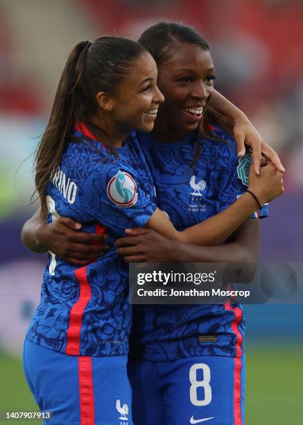 Grace Geyoro of France celebrates with team mate Delphine Cascarino after scoring her third goal to complete her hat-trick and give the side a 5-0...